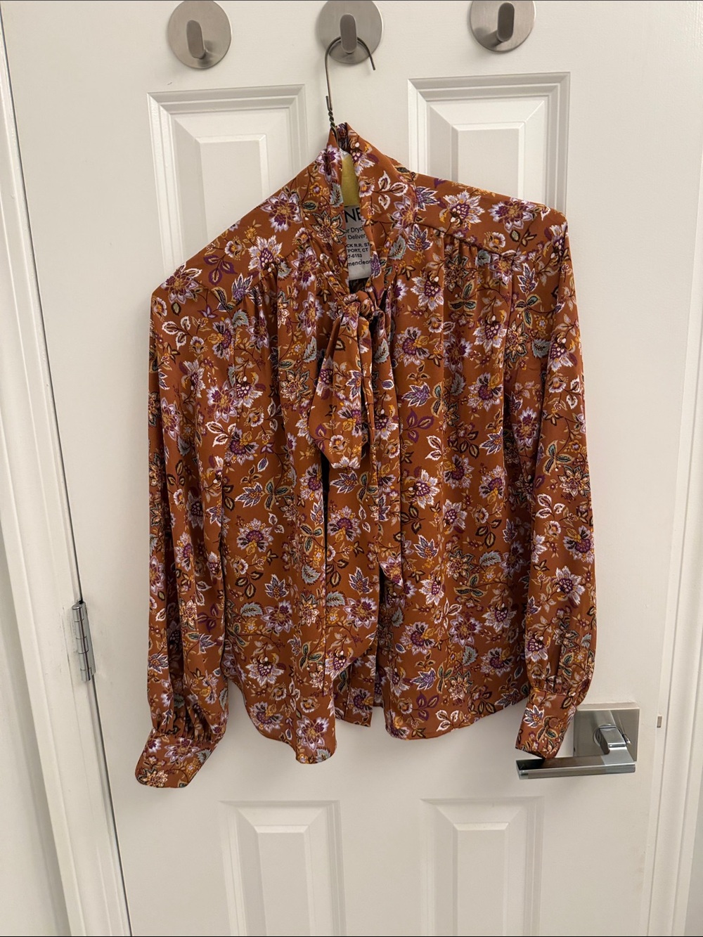 LOFT Rust Floral Tie-Neck Blouse with Lavender Accents